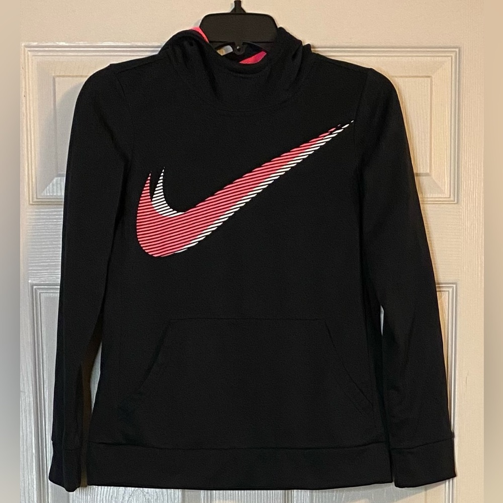 Nike Dri-Fit Girl’s Black/Pink Pullover Hoodie With Large Front Pocket. Size L.